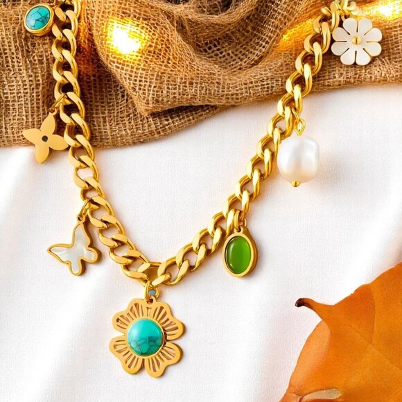 🆕Chunky 18K Gold Plated TrendybNecklace Colorful Charms Pearl Accents Y2K Style - Picture 9 of 13